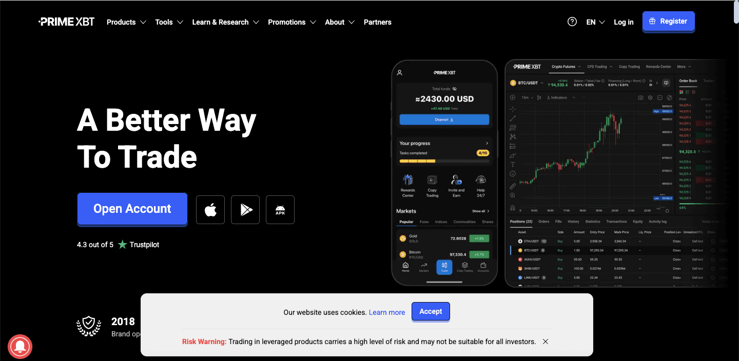 PrimeXBT website screenshot